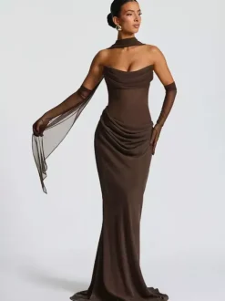 Ruched Waist Slim Fit Mermaid Maxi Prom Dress With Scarf For Women 2026