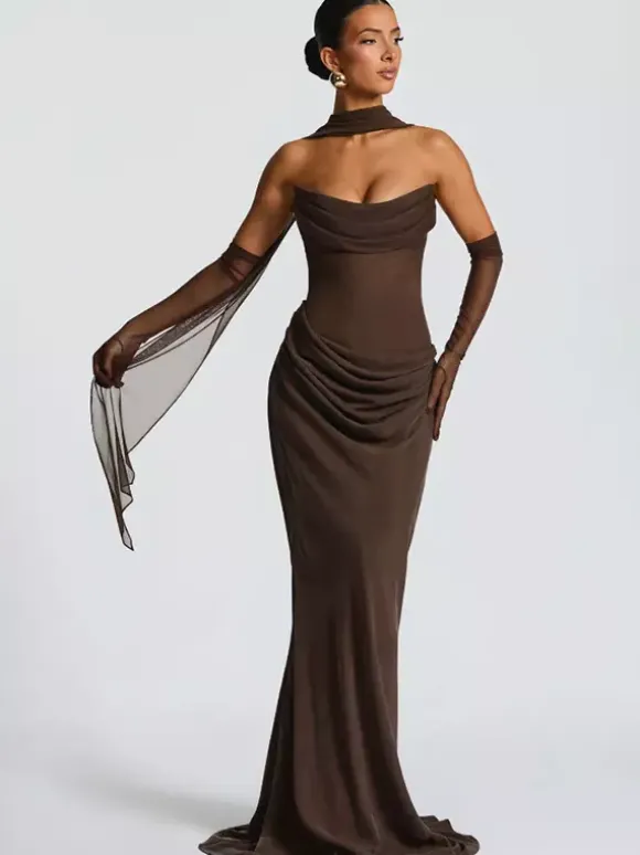 Ruched Waist Slim Fit Mermaid Maxi Prom Dress With Scarf For Women 2026