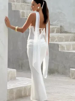 Ruched Waist Slim Fit Mermaid Maxi Prom Dress With Scarf For Women 2026