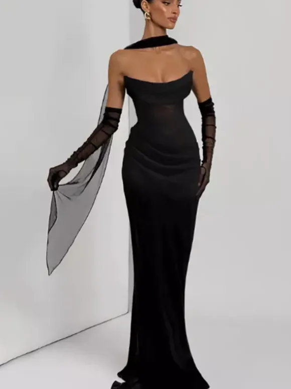Ruched Waist Slim Fit Mermaid Maxi Prom Dress With Scarf For Women 2026