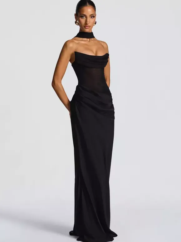 Ruched Waist Slim Fit Mermaid Maxi Prom Dress With Scarf For Women 2026
