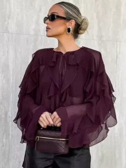Ruffle Chiffon Blouse Women Chic Sheer Top - Wine Red Retro Victorian Cascading Flare Sleeve - Spring Party Club 2026