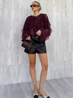 Ruffle Chiffon Blouse Women Chic Sheer Top - Wine Red Retro Victorian Cascading Flare Sleeve - Spring Party Club 2026