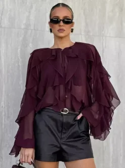 Ruffle Chiffon Blouse Women Chic Sheer Top - Wine Red Retro Victorian Cascading Flare Sleeve - Spring Party Club 2026