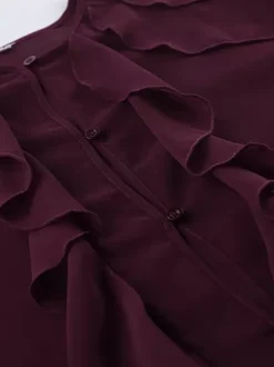 Ruffle Chiffon Blouse Women Chic Sheer Top - Wine Red Retro Victorian Cascading Flare Sleeve - Spring Party Club 2026