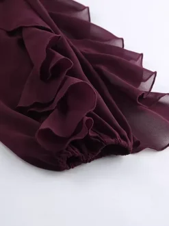 Ruffle Chiffon Blouse Women Chic Sheer Top - Wine Red Retro Victorian Cascading Flare Sleeve - Spring Party Club 2026