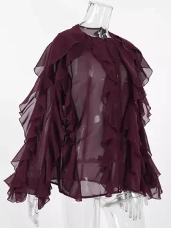 Ruffle Chiffon Blouse Women Chic Sheer Top - Wine Red Retro Victorian Cascading Flare Sleeve - Spring Party Club 2026