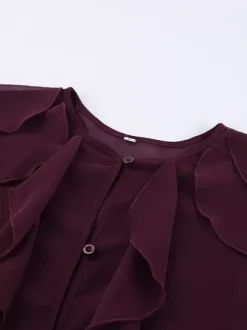 Ruffle Chiffon Blouse Women Chic Sheer Top - Wine Red Retro Victorian Cascading Flare Sleeve - Spring Party Club 2026