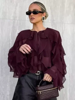 Ruffle Chiffon Blouse Women Chic Sheer Top - Wine Red Retro Victorian Cascading Flare Sleeve - Spring Party Club 2026