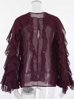 Ruffle Chiffon Blouse Women Chic Sheer Top - Wine Red Retro Victorian Cascading Flare Sleeve - Spring Party Club 2026