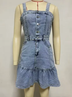 Ruffle Hem Denim Dress For Women - Light Blue Sweet Y2K Button Up Mini Dress - Summer Beach Festival Party Outfit 2026