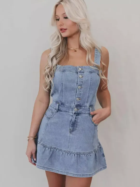 Ruffle Hem Denim Dress For Women - Light Blue Sweet Y2K Button Up Mini Dress - Summer Beach Festival Party Outfit 2026