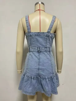 Ruffle Hem Denim Dress For Women - Light Blue Sweet Y2K Button Up Mini Dress - Summer Beach Festival Party Outfit 2026