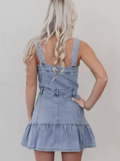 Ruffle Hem Denim Dress For Women - Light Blue Sweet Y2K Button Up Mini Dress - Summer Beach Festival Party Outfit 2026