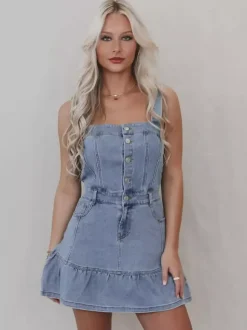 Ruffle Hem Denim Dress For Women - Light Blue Sweet Y2K Button Up Mini Dress - Summer Beach Festival Party Outfit 2026