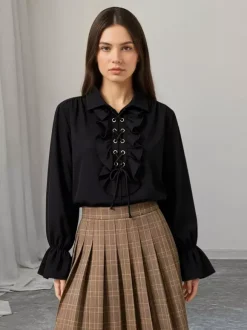 Ruffle Lace-Up Lapel Puff Long Sleeve Blouse