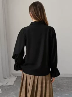 Ruffle Lace-Up Lapel Puff Long Sleeve Blouse