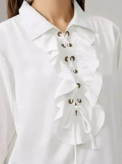 Ruffle Lace-Up Lapel Puff Long Sleeve Blouse