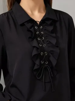 Ruffle Lace-Up Lapel Puff Long Sleeve Blouse