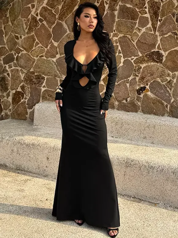 Ruffle V Neck Maxi Dress For Women - Black Elegant Backless Cut Out Bodycon Long Dress - Spring Evening Gown 2026