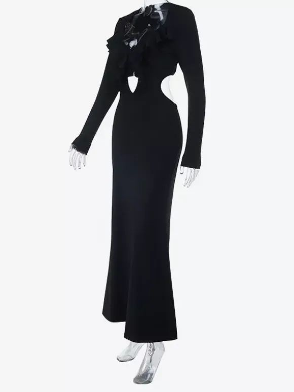 Ruffle V Neck Maxi Dress For Women - Black Elegant Backless Cut Out Bodycon Long Dress - Spring Evening Gown 2026