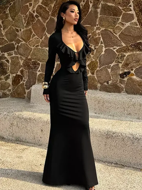 Ruffle V Neck Maxi Dress For Women - Black Elegant Backless Cut Out Bodycon Long Dress - Spring Evening Gown 2026