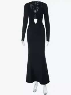 Ruffle V Neck Maxi Dress For Women - Black Elegant Backless Cut Out Bodycon Long Dress - Spring Evening Gown 2026