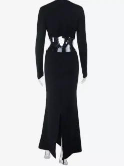 Ruffle V Neck Maxi Dress For Women - Black Elegant Backless Cut Out Bodycon Long Dress - Spring Evening Gown 2026