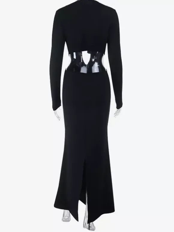 Ruffle V Neck Maxi Dress For Women - Black Elegant Backless Cut Out Bodycon Long Dress - Spring Evening Gown 2026
