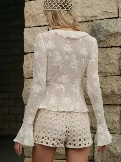 Ruffle V Neck Tie Front Sheer Floral Long Flare Sleeve Top Mesh Blouse