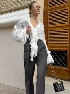 Ruffle Chiffon Blouse For Women - Burgundy Elegant Tie Front Flare Long Sleeve Top - Spring Desk-to-dinner 2026