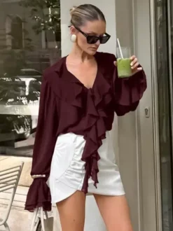 Ruffle Chiffon Blouse For Women - Burgundy Elegant Tie Front Flare Long Sleeve Top - Spring Desk-to-dinner 2026