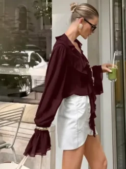 Ruffle Chiffon Blouse For Women - Burgundy Elegant Tie Front Flare Long Sleeve Top - Spring Desk-to-dinner 2026