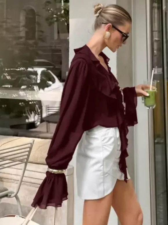 Ruffle Chiffon Blouse For Women - Burgundy Elegant Tie Front Flare Long Sleeve Top - Spring Desk-to-dinner 2026