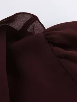 Ruffle Chiffon Blouse For Women - Burgundy Elegant Tie Front Flare Long Sleeve Top - Spring Desk-to-dinner 2026