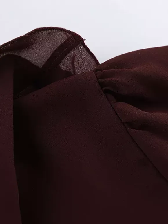Ruffle Chiffon Blouse For Women - Burgundy Elegant Tie Front Flare Long Sleeve Top - Spring Desk-to-dinner 2026