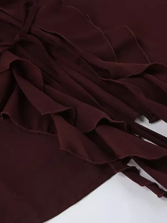 Ruffle Chiffon Blouse For Women - Burgundy Elegant Tie Front Flare Long Sleeve Top - Spring Desk-to-dinner 2026