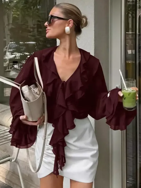 Ruffle Chiffon Blouse For Women - Burgundy Elegant Tie Front Flare Long Sleeve Top - Spring Desk-to-dinner 2026