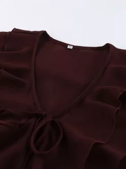 Ruffle Chiffon Blouse For Women - Burgundy Elegant Tie Front Flare Long Sleeve Top - Spring Desk-to-dinner 2026