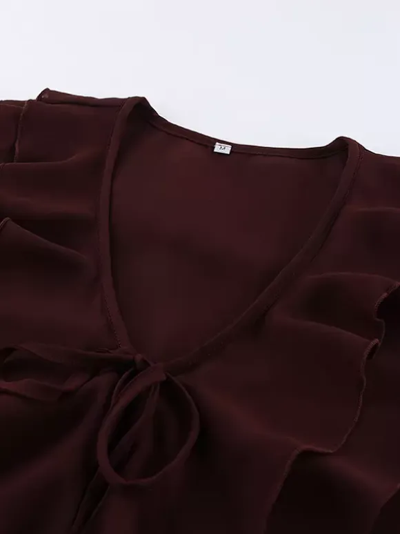 Ruffle Chiffon Blouse For Women - Burgundy Elegant Tie Front Flare Long Sleeve Top - Spring Desk-to-dinner 2026