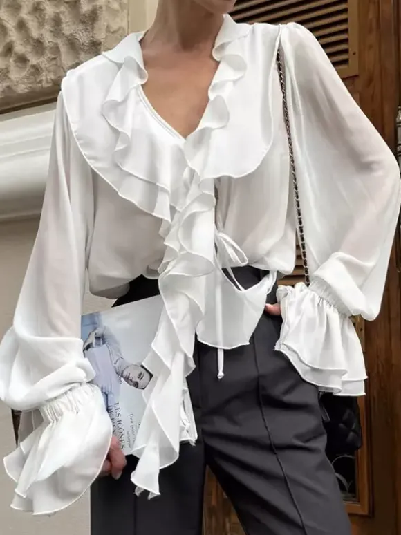 Ruffle Chiffon Blouse For Women - Burgundy Elegant Tie Front Flare Long Sleeve Top - Spring Desk-to-dinner 2026