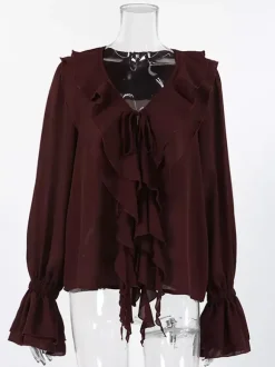 Ruffle Chiffon Blouse For Women - Burgundy Elegant Tie Front Flare Long Sleeve Top - Spring Desk-to-dinner 2026