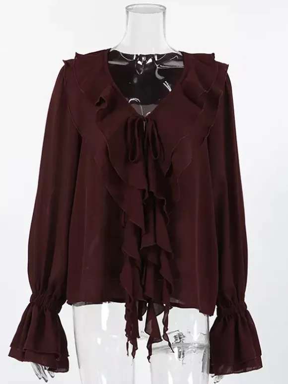 Ruffle Chiffon Blouse For Women - Burgundy Elegant Tie Front Flare Long Sleeve Top - Spring Desk-to-dinner 2026