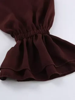 Ruffle Chiffon Blouse For Women - Burgundy Elegant Tie Front Flare Long Sleeve Top - Spring Desk-to-dinner 2026