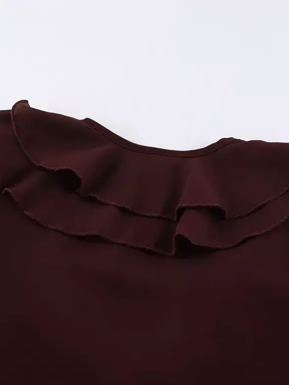 Ruffle Chiffon Blouse For Women - Burgundy Elegant Tie Front Flare Long Sleeve Top - Spring Desk-to-dinner 2026