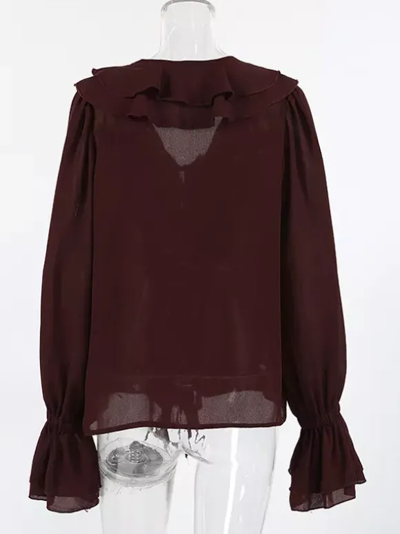 Ruffle Chiffon Blouse For Women - Burgundy Elegant Tie Front Flare Long Sleeve Top - Spring Desk-to-dinner 2026