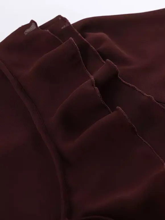 Ruffle Chiffon Blouse For Women - Burgundy Elegant Tie Front Flare Long Sleeve Top - Spring Desk-to-dinner 2026