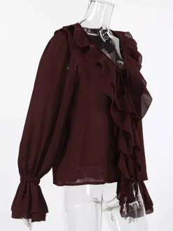 Ruffle Chiffon Blouse For Women - Burgundy Elegant Tie Front Flare Long Sleeve Top - Spring Desk-to-dinner 2026