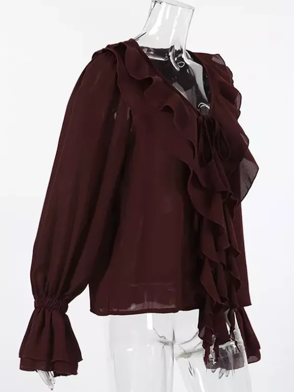 Ruffle Chiffon Blouse For Women - Burgundy Elegant Tie Front Flare Long Sleeve Top - Spring Desk-to-dinner 2026