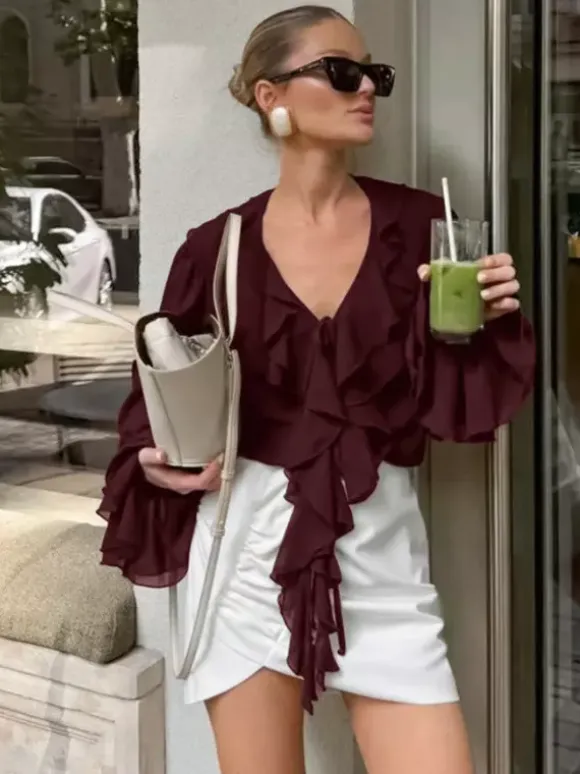 Ruffle Chiffon Blouse For Women - Burgundy Elegant Tie Front Flare Long Sleeve Top - Spring Desk-to-dinner 2026